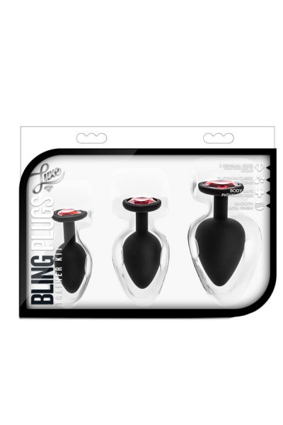 Набор черных анальных пробок с красным кристаллом-сердечком Bling Plugs Training Kit Набор черных анальных пробок с красным кристаллом-сердечком Bling Plugs Training Kit