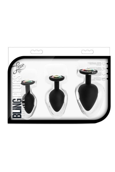 Набор из 3 черных анальных пробок с радужным кристаллом Bling Plugs Training Kit Набор из 3 черных анальных пробок с радужным кристаллом Bling Plugs Training Kit