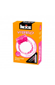 Розовое эрекционное виброкольцо Luxe VIBRO Техасский бутон + презерватив