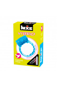 Голубое эрекционное виброкольцо Luxe VIBRO Райская птица + презерватив