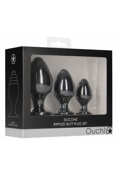 Набор из 3 черных анальных пробок Rippled Butt Plug Set Набор из 3 черных анальных пробок Rippled Butt Plug Set