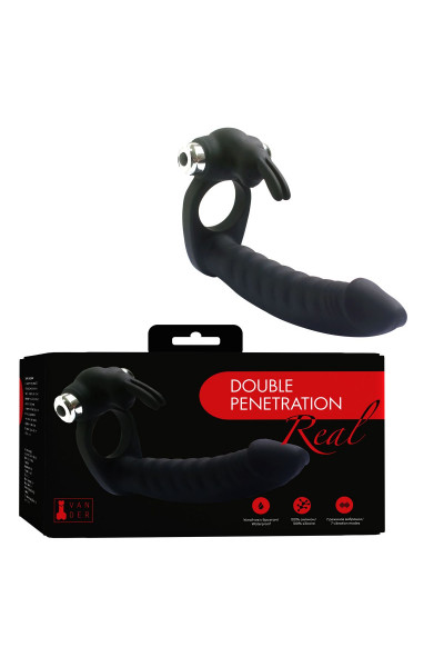 Черная вибронасадка Double Penetration Real с клиторальным зайчиком Черная вибронасадка Double Penetration Real с клиторальным зайчиком