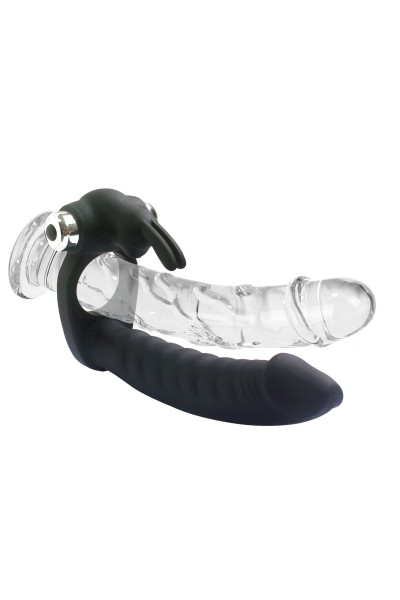 Черная вибронасадка Double Penetration Real с клиторальным зайчиком Черная вибронасадка Double Penetration Real с клиторальным зайчиком