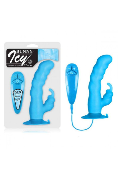 Голубой вибратор с клиторальным стимулятором BUNNY ICY - 18 см. Голубой вибратор с клиторальным стимулятором BUNNY ICY - 18 см.