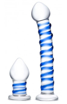 Набор из 2 стеклянных игрушек с синей спиралью Swirly Dildo Buttplug Set