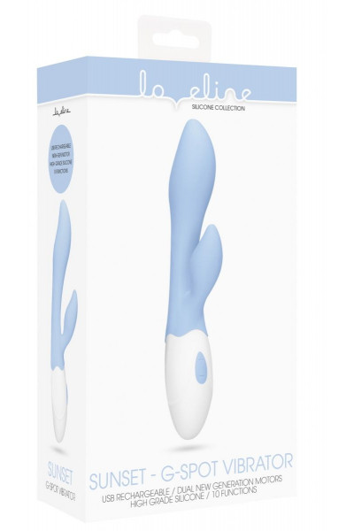 Голубой G-spot вибратор Sunset со стимулятором клитора - 20 см. Голубой G-spot вибратор Sunset со стимулятором клитора - 20 см.