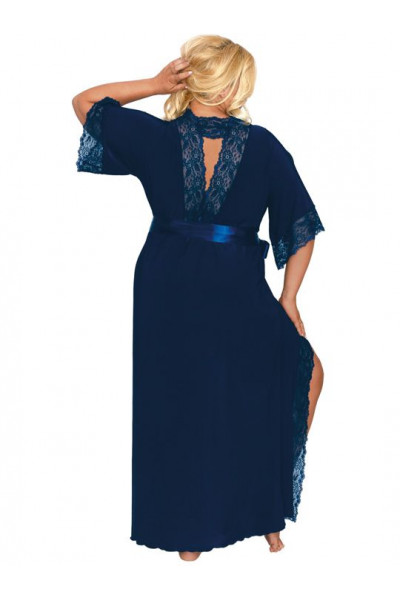 Длинный пеньюар plus size с изящным кружевом и атласным поясом Длинный пеньюар plus size с изящным кружевом и атласным поясом