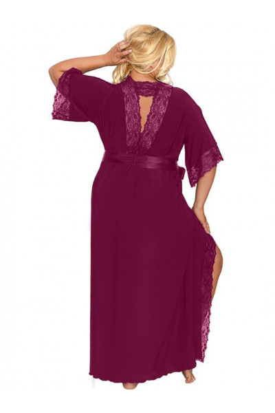 Длинный пеньюар plus size с изящным кружевом и атласным поясом Длинный пеньюар plus size с изящным кружевом и атласным поясом