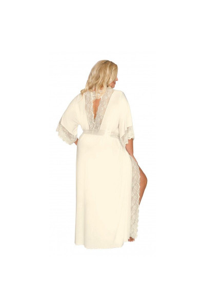 Длинный пеньюар plus size с изящным кружевом и атласным поясом Длинный пеньюар plus size с изящным кружевом и атласным поясом