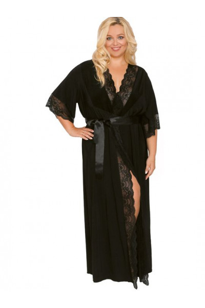 Длинный пеньюар plus size с изящным кружевом и атласным поясом Длинный пеньюар plus size с изящным кружевом и атласным поясом
