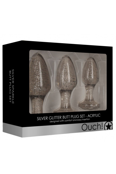 Набор из 3 серебристых анальных пробок Acrylic Goldchip Butt Plug Set Набор из 3 серебристых анальных пробок Acrylic Goldchip Butt Plug Set