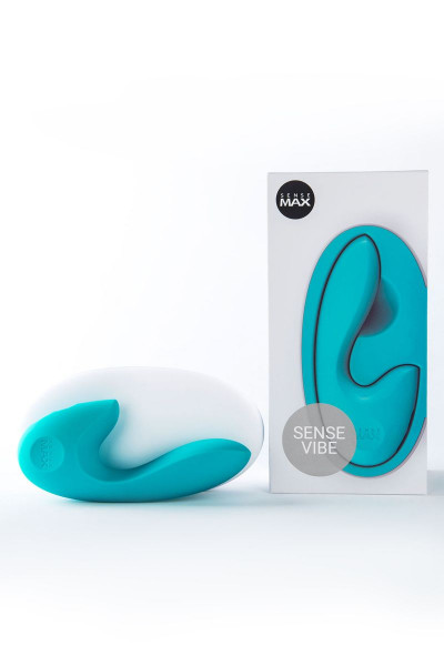 Бирюзовый вибратор Sense Max с клиторальным стимулятором - 16 см. Бирюзовый вибратор Sense Max с клиторальным стимулятором - 16 см.
